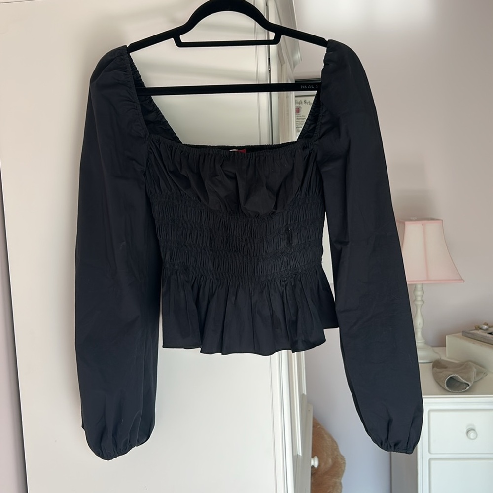 STAUD Black Smocked Ruffled Blouse
